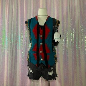 DION Blue & Red Native American Aztec Style Vest (L) ★彡
